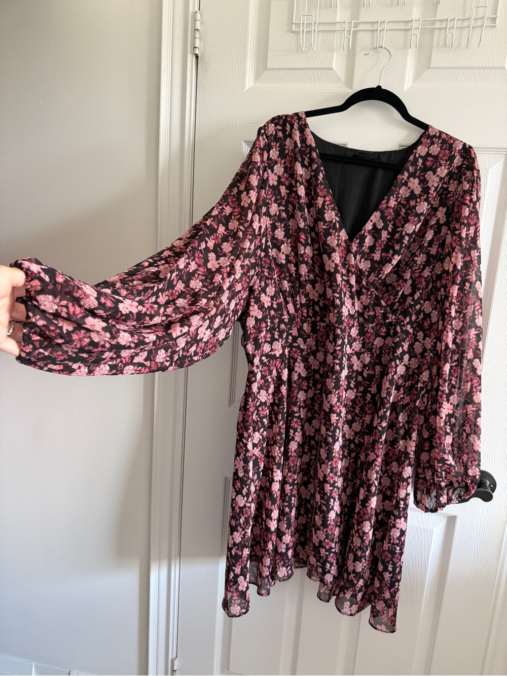 City Chic Black Long Sleeve Floral V-Neck Dress with Pink Blossoms